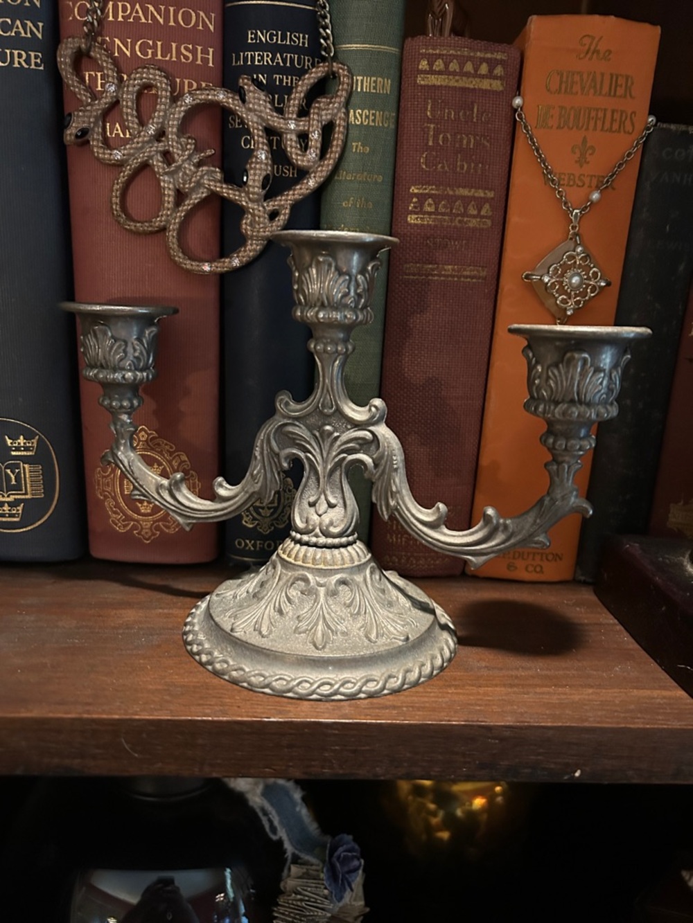 Vintage Baroque-Style Pewter Three-Arm Candelabra - Picture 2 of 6